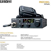 Uniden PRO510XL Pro Series 40-Channel CB Radio. Compact Design. Backlit LCD Display. Public Address. ANL Switch and 7 Watts of Audio Output. Unique PLL Circuit. S/RF LED Meter. , Black