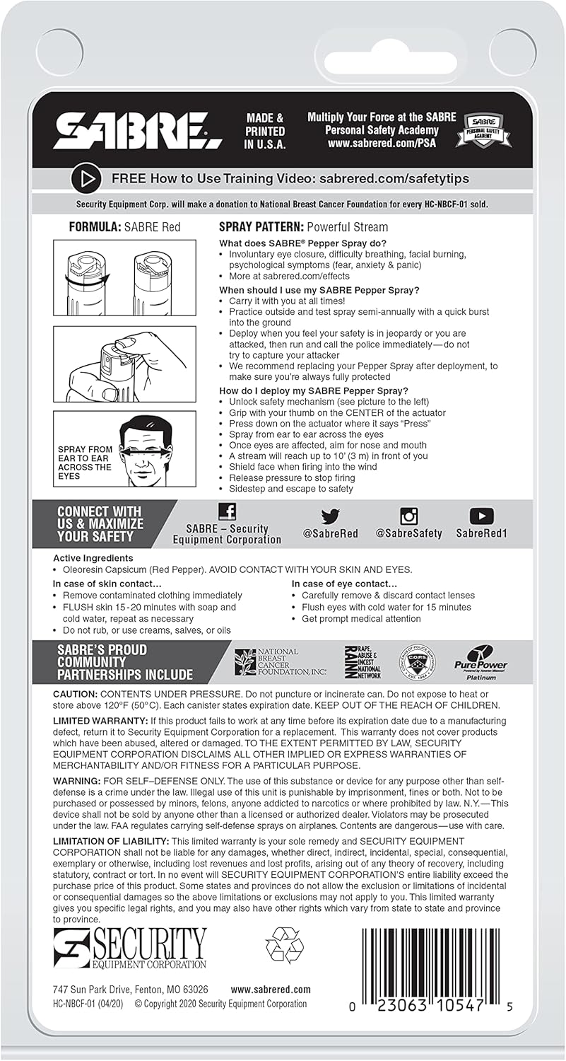 SABRE Pepper Spray, Supports National Breast Cancer Foundation, Maximum Police Strength OC Spray