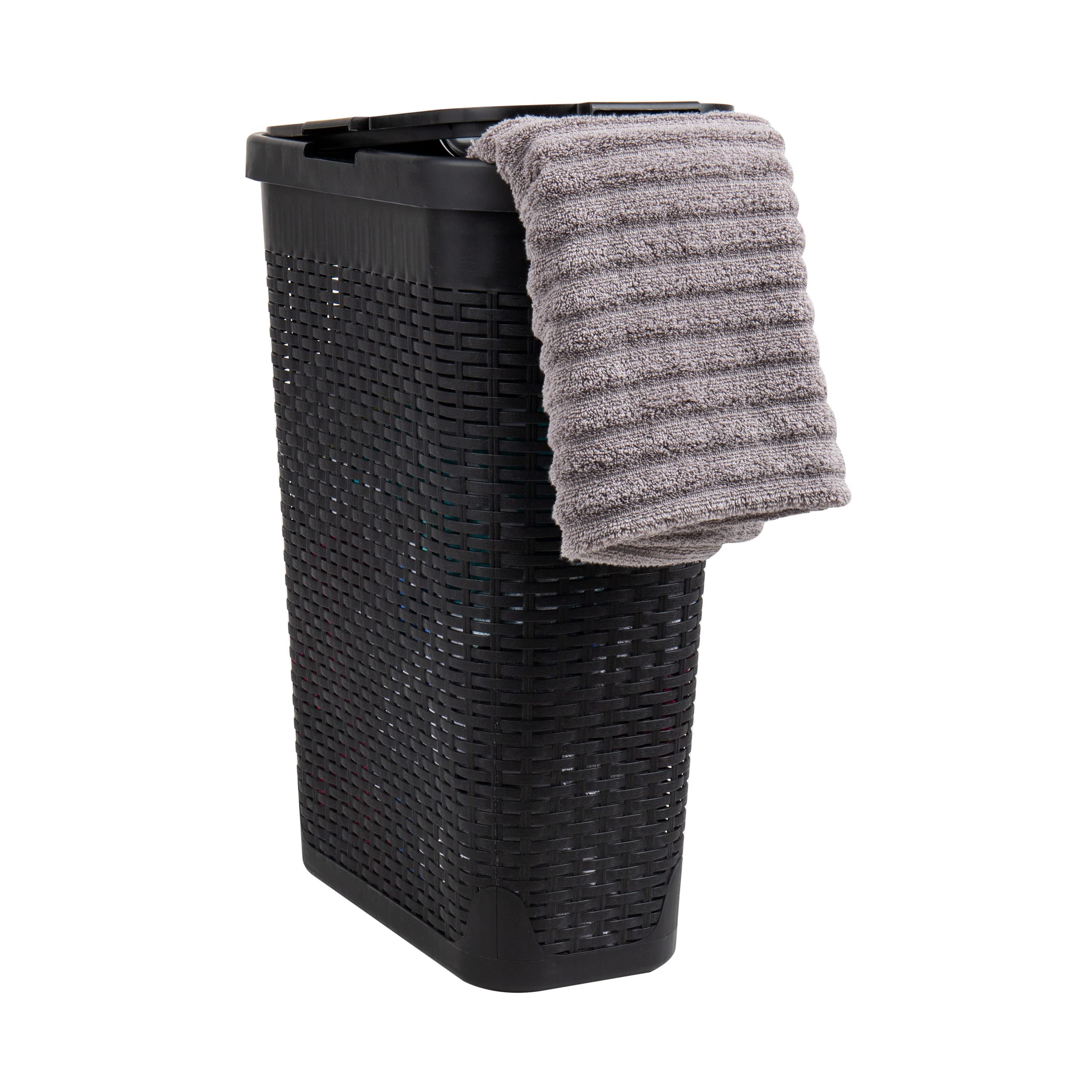 Mind Reader 40L Slim Laundry Hamper with Lid, Wicker-Style Plastic