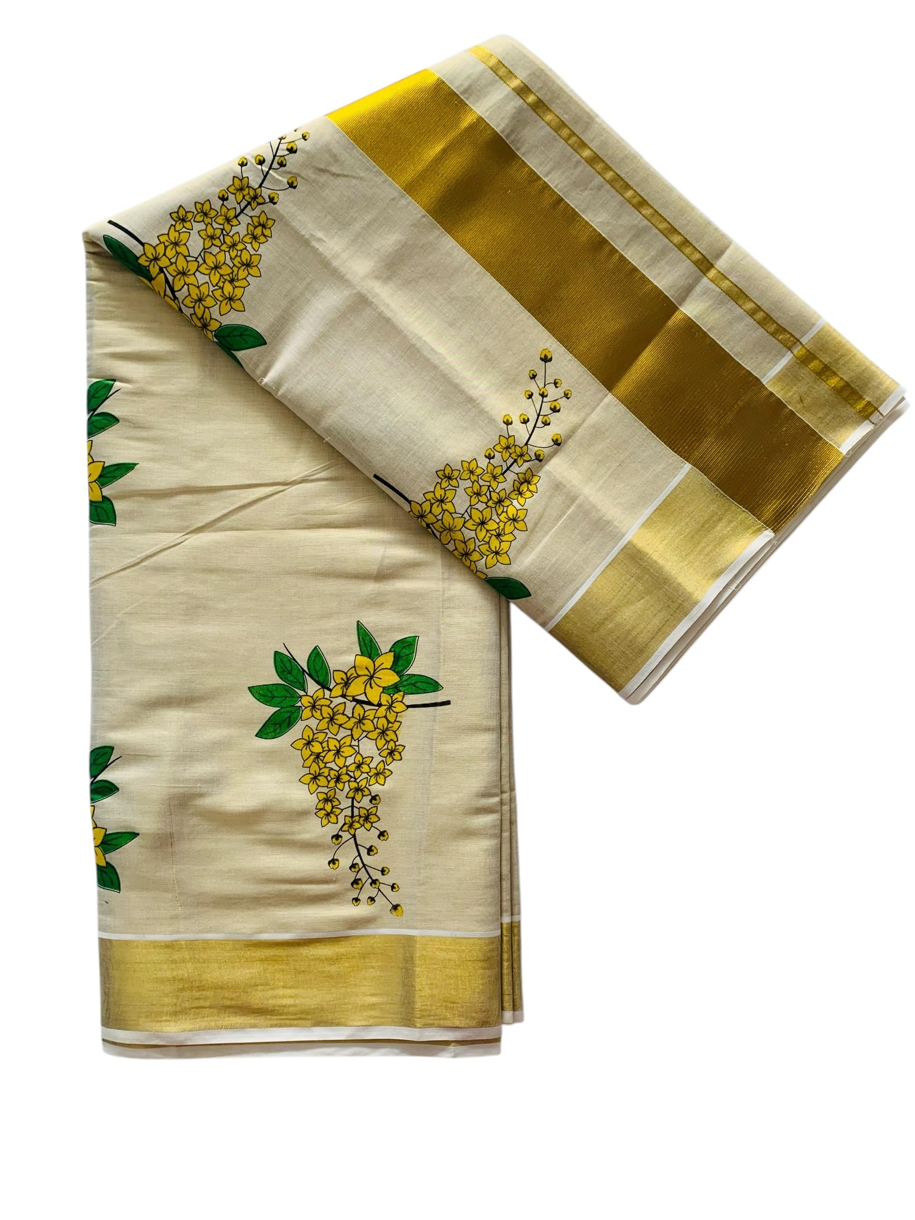 Women's Kuthampully Kerala Kasavu Saree with Running Blouse Golden Tissue Mural Painted Vishu Kanikonna EKM-461