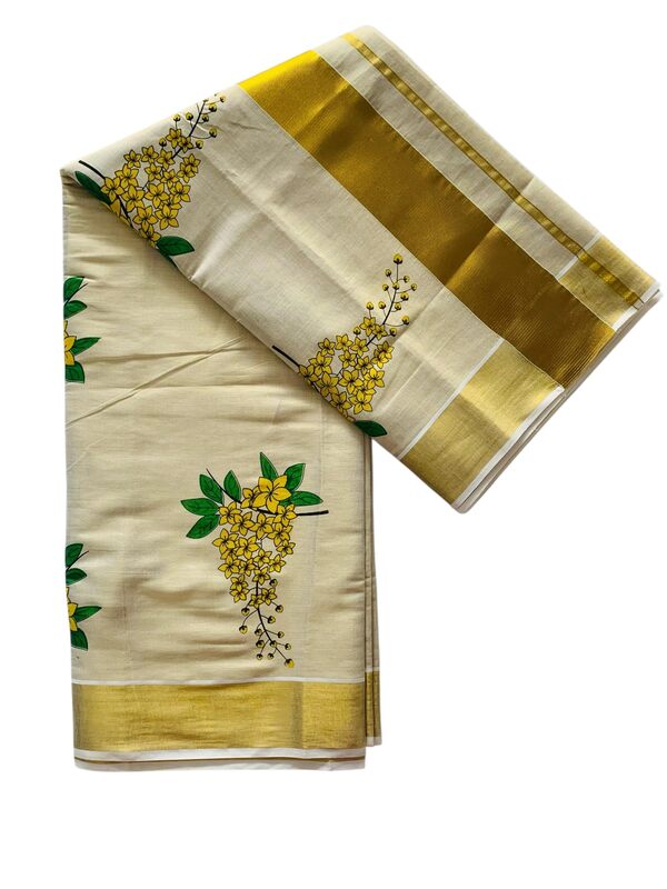 Women's Kuthampully Kerala Kasavu Saree with Running Blouse Golden Tissue Mural Painted Vishu Kanikonna EKM-461