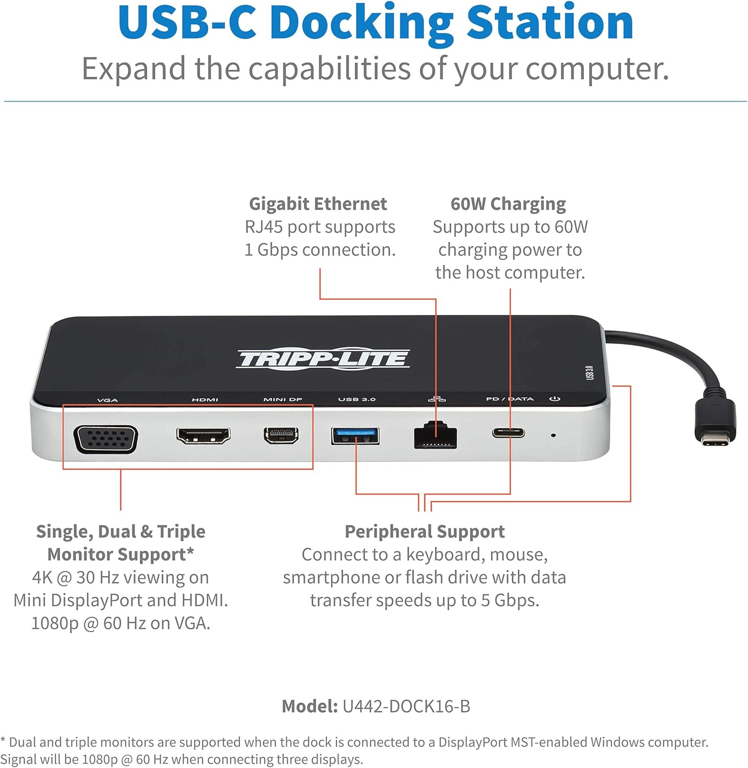 Tripp Lite USB-C Dock, 3 Monitor Display, USB Type C Hub Adds 4K HDMI, mDP, VGA, USB 3.2 Gen 1, USB-A, USB-C, GbE