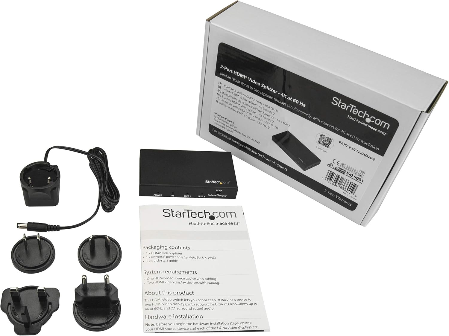 StarTech.com 2 Port HDMI Splitter - 4K 60Hz - 1x2 Way HDMI 2.0 Splitter - HDR - ST122HD202