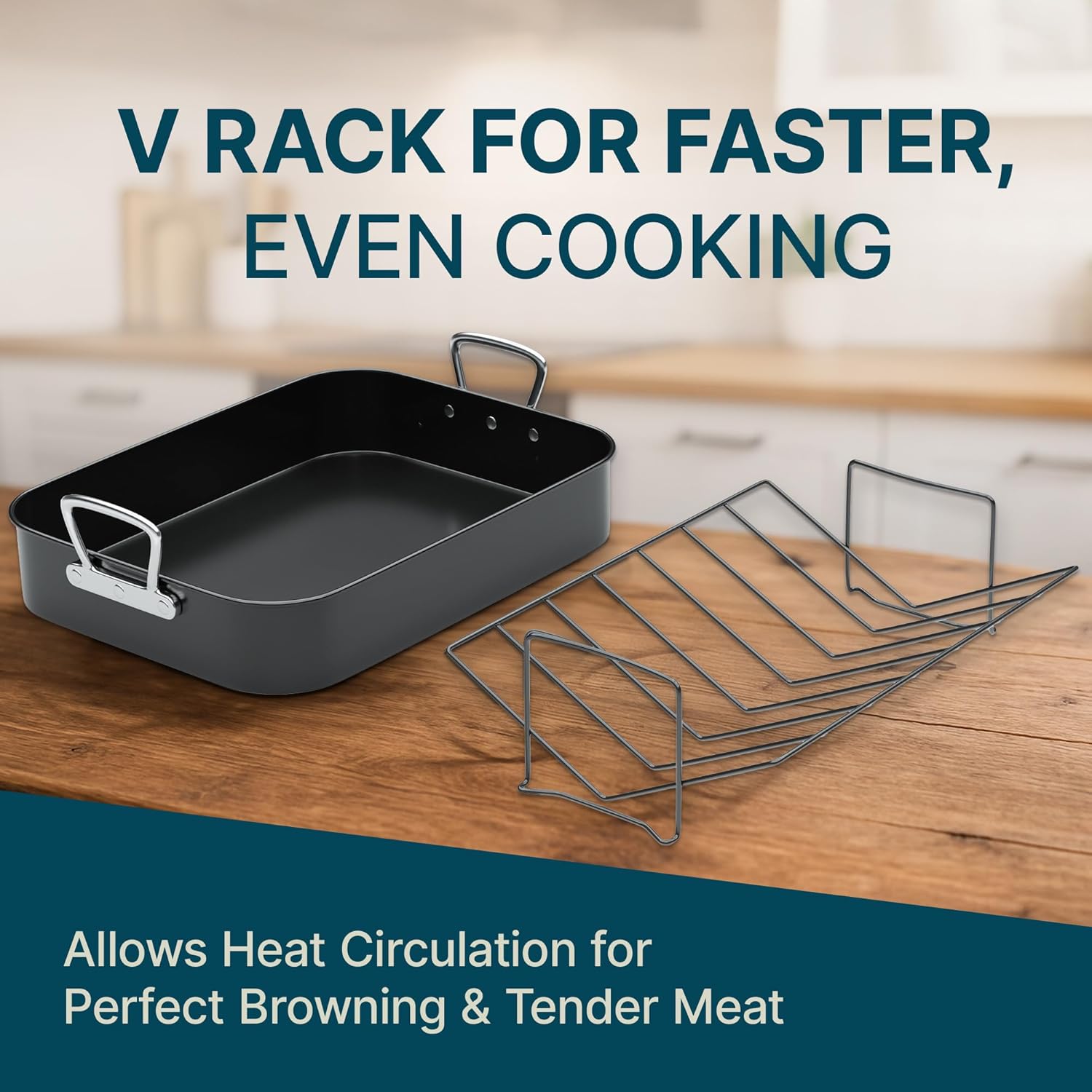 Gibson Home French Roaster 2 Piece Carbon Steel Indoor Oven Baking Roasting Non Stick Turkey Chicken with Roast V Rack, Black