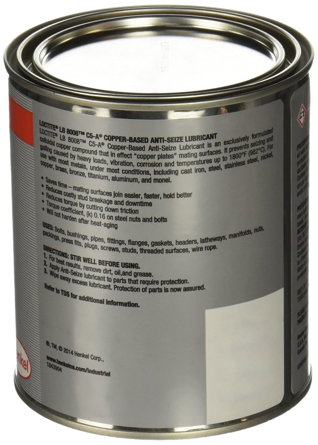 Loctite 51008 Copper LB 8008 C5-A Anti-Seize Lubricant, -20 Degree F Lower Temperature Rating to 1800 Degree F Upper