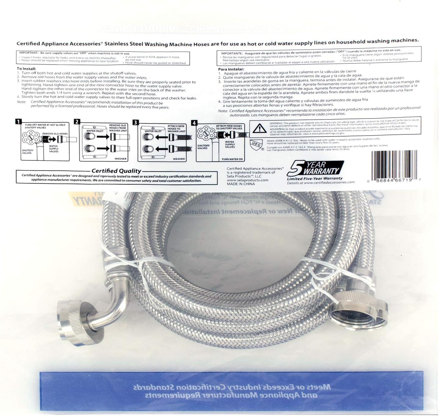 Certified Appliance Accessories Washing Machine Hose with 90 Degree Elbow (2 Pack), Hot and Cold Water Supply Lines, 5 Feet