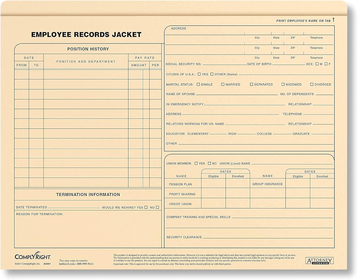 ComplyRight Letter-Size Standard Employee Record Jackets, 11 3/4in x 9 1/2in, Pack Of 25