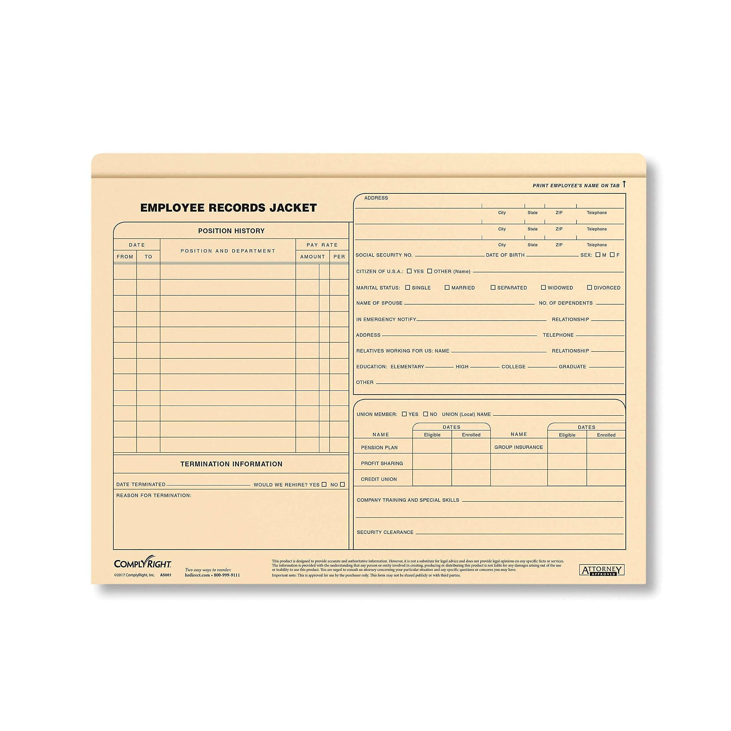 ComplyRight Letter-Size Standard Employee Record Jackets, 11 3/4in x 9 1/2in, Pack Of 25