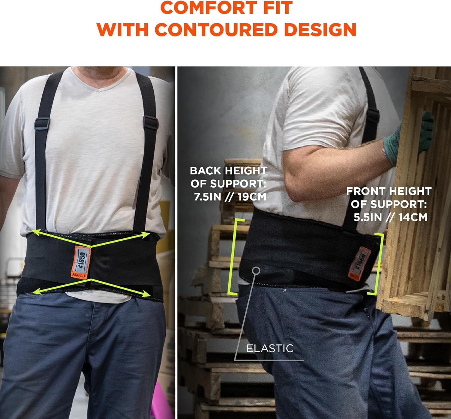 Ergodyne ProFlex 1650 Back Support Belt, 7.5" Elastic, Adjustable Detachable Suspenders