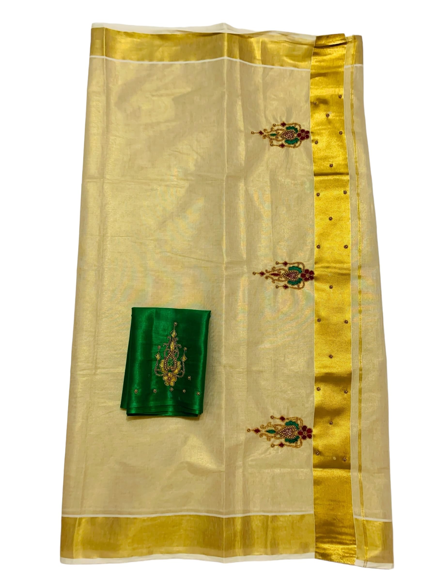 Kuthampully Kerala Kasavu Sarees For Women | Handcrafted Aari work Kerala Sarees | Tissue Onam Saree With Running Blouse | South Indian Sarees | Onam Saree EKM-837 (Green)
