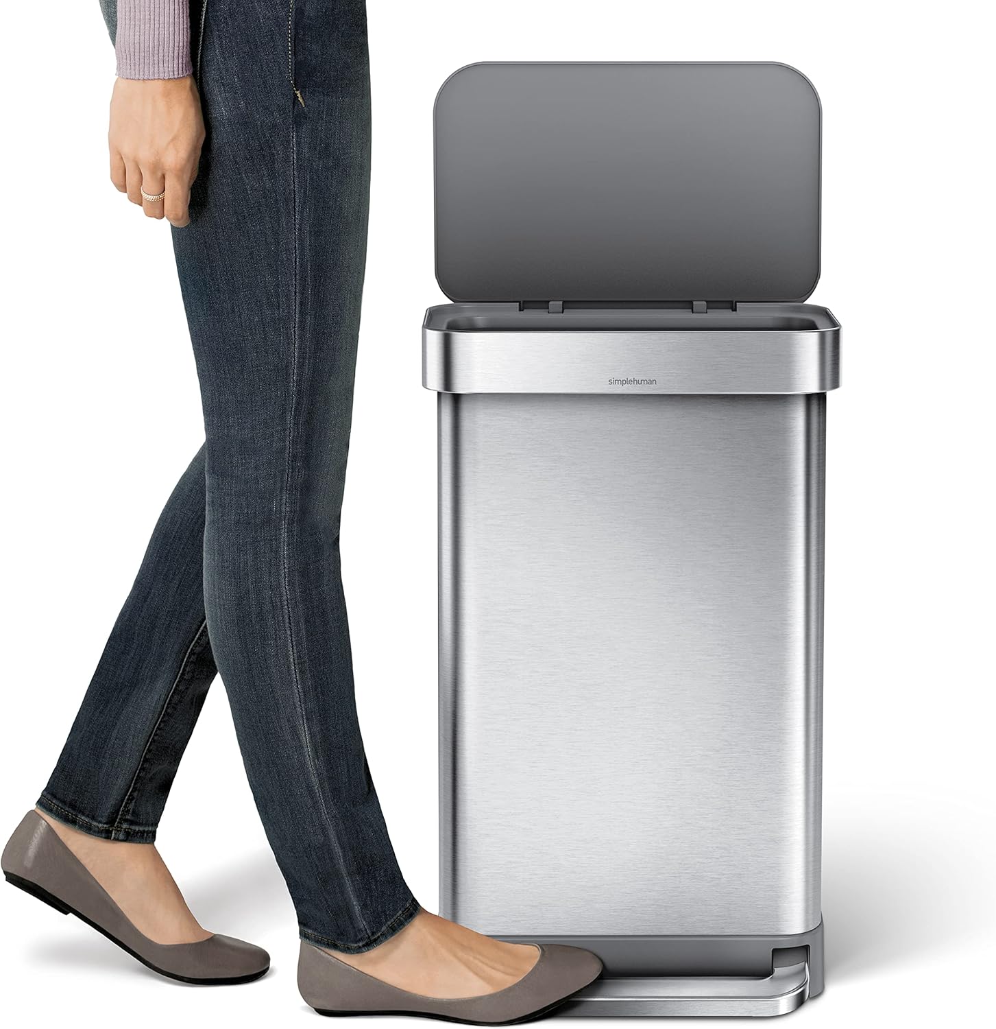simplehuman 45 Liter / 12 Gallon Liter Rectangular Hands-Free Kitchen Step Trash Can with Soft-Close Lid, Brushed Stainless Steel with Plastic Lid Gray Plastic Lid 45 Liter
