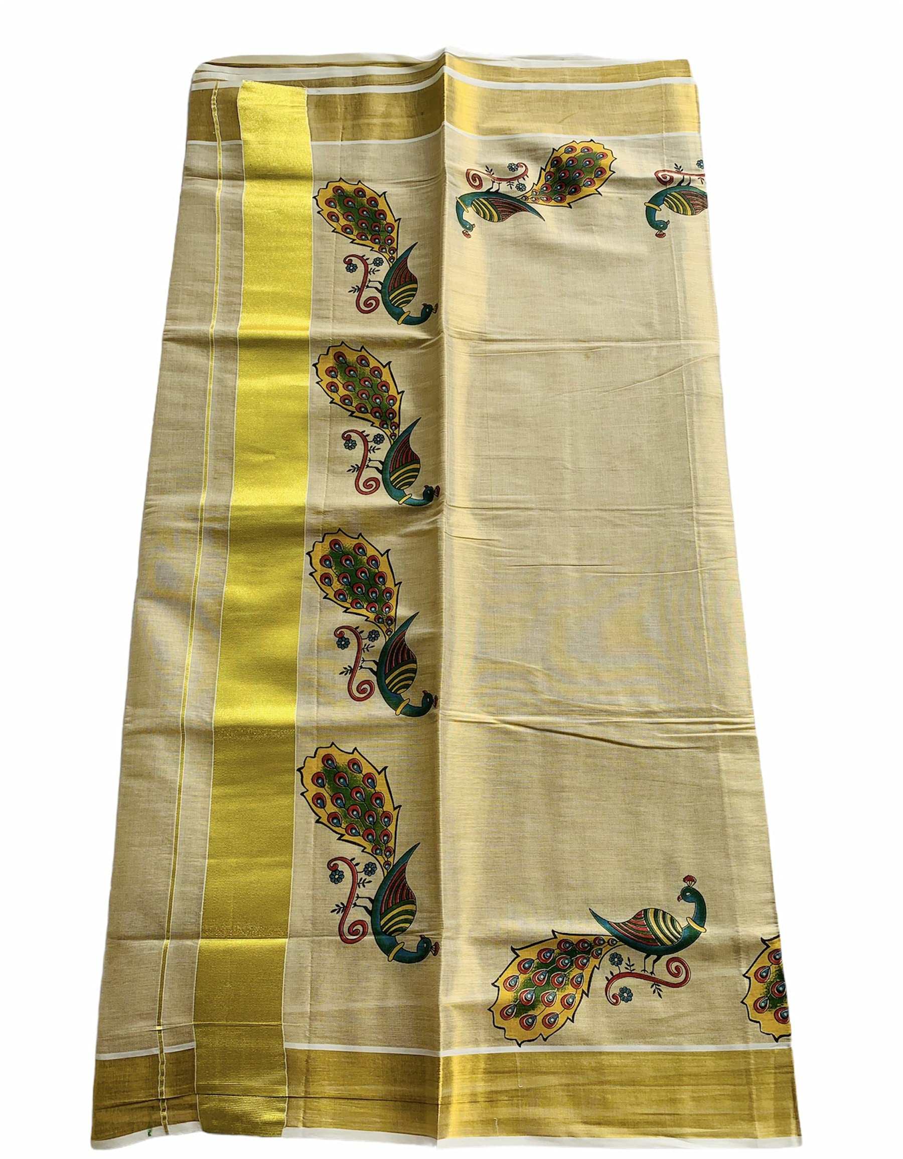 Kuthampully Women's Kasavu Tissue Cotton Saree With Running Blouse - Multi color KPSS-297