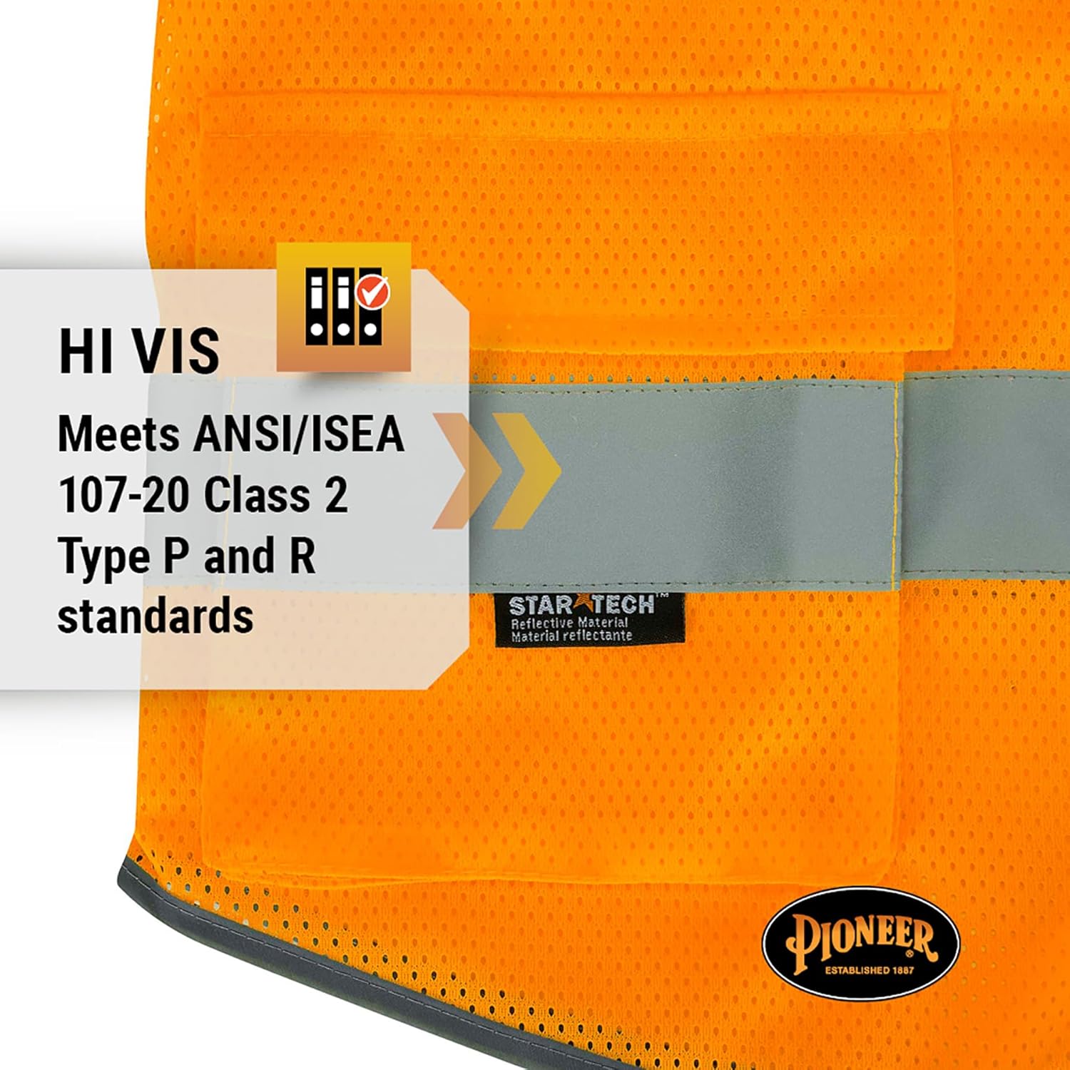PIONEER Hi-Vis Reflective Mesh Safety Vest with 9 Pockets and Zipper