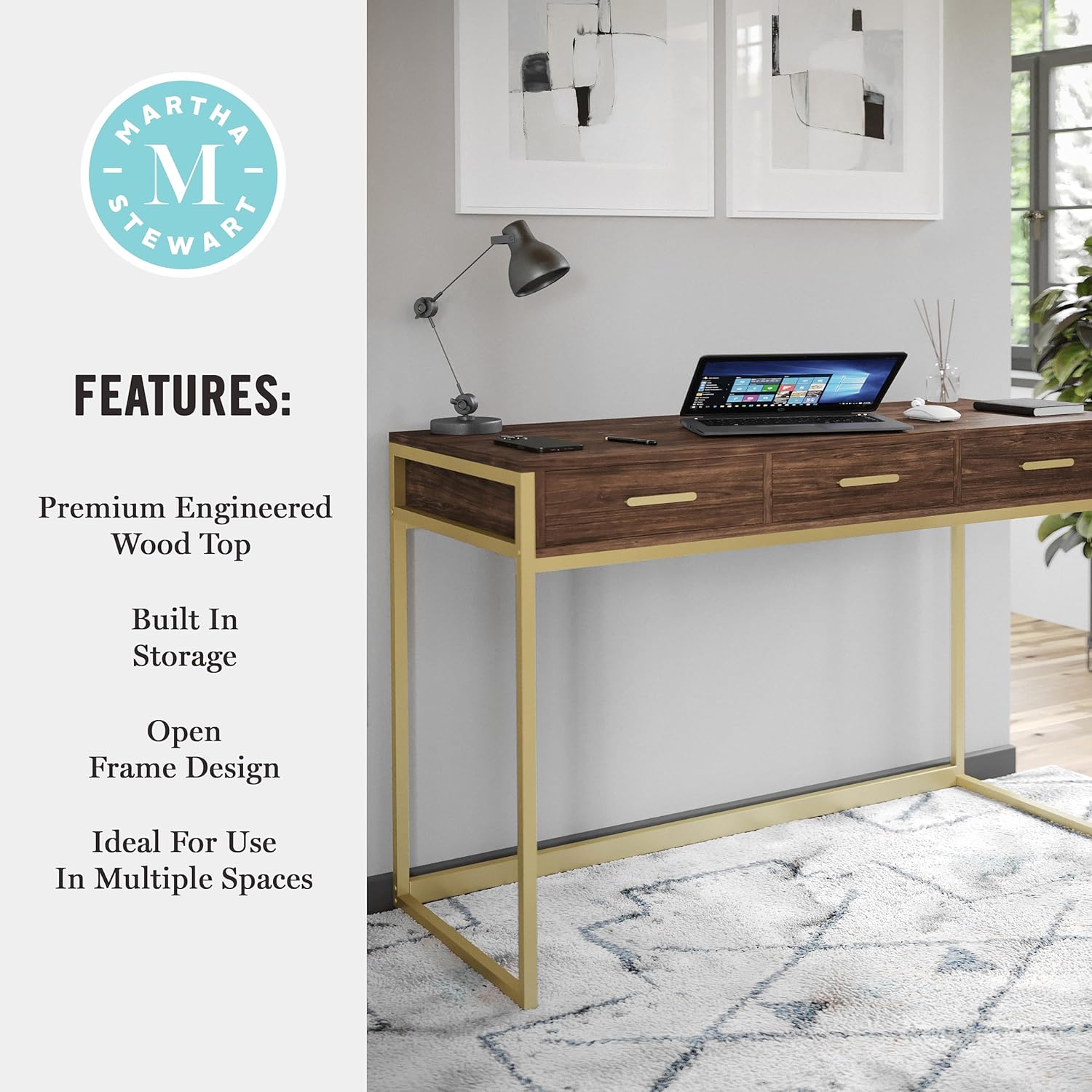 Martha Stewart Ollie Home Office Desk with 3 Drawers