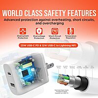 HyperGear USB-C Wall Charger Block - 25W & 12W USB-C to Lightning MFi Certified Cable Dual Port, USB Fast Charger, Compatible with iPhones, iPods, Tablets, Laptops & More - White