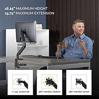 Fellowes Platinum Series Single Monitor Arm for 40-Inch Monitors, Full Motion, 360° Rotation, VESA Mount with Grommet or Clamp, USB Ports, Ergonomic, Black, 8043301
