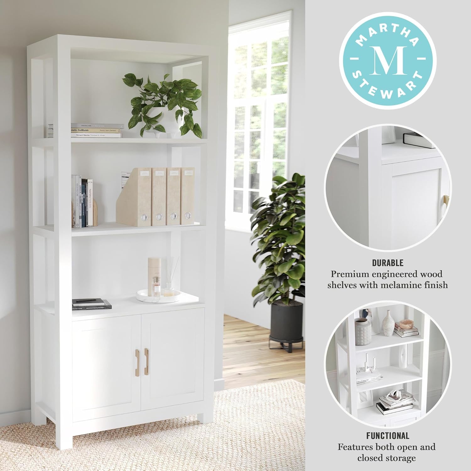 Martha Stewart Hutton Four Tier Shaker Bookcase with Storage Cabinet