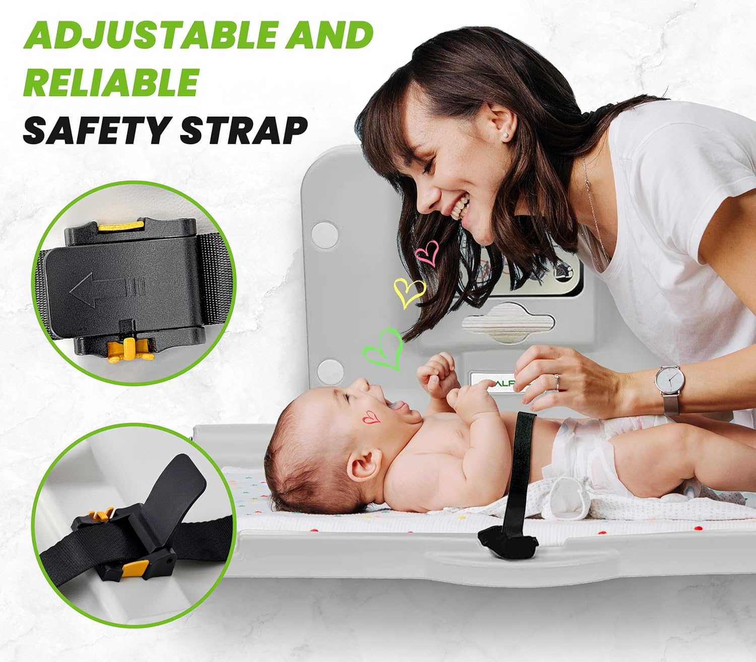 Alpine Wall Mounted Baby Changing Station - Horizontal Baby Changing Table Foldable Diaper Tables with Safety Strap