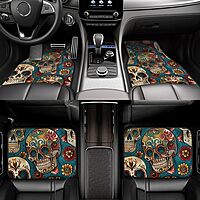 Sugar Skulls Print Printed Car Floor Mats Set of 4 Pieces | Floor Mats Protection for Cars Full Sets | Non-Slip & Waterproof
