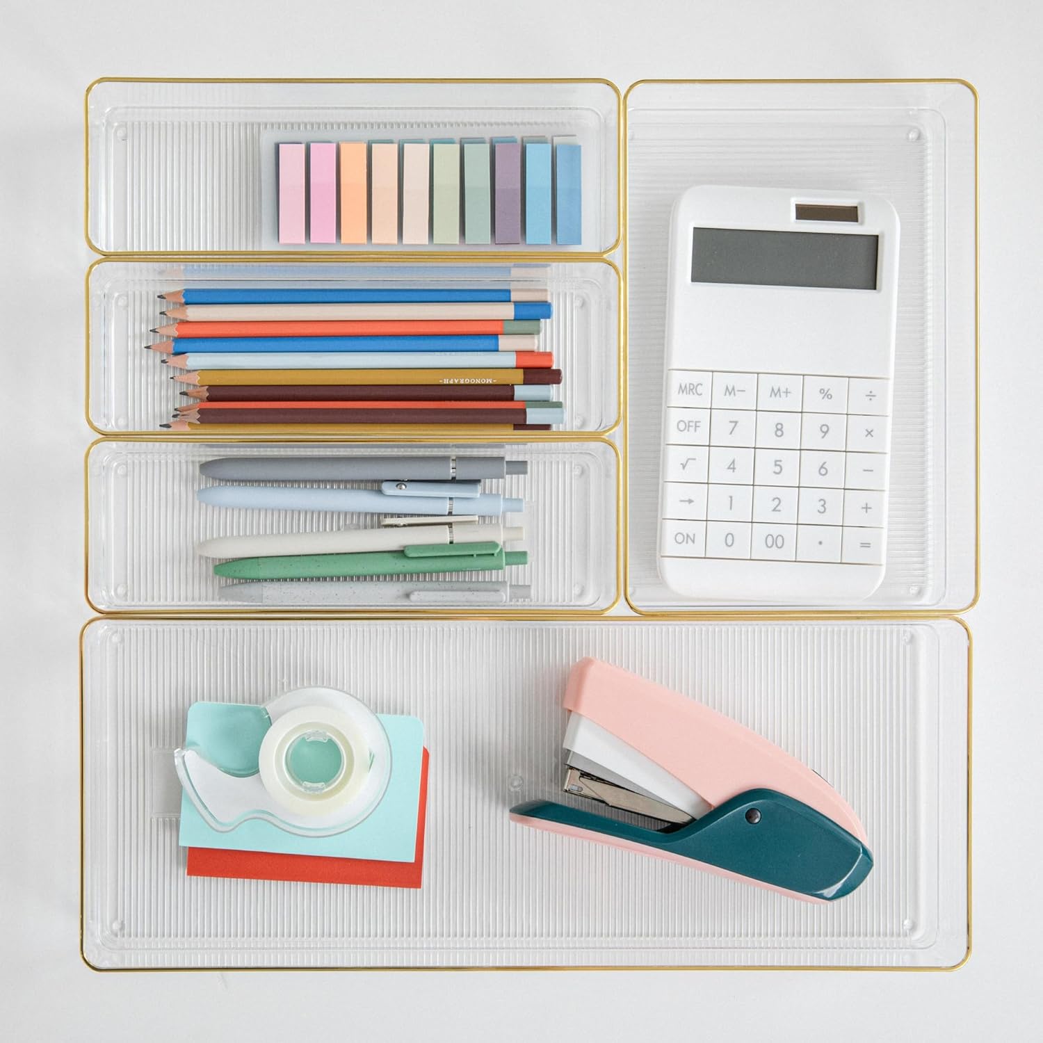 MARTHA STEWART Kerry Plastic Stackable Office Desk Drawer Organizers with Gold Trim