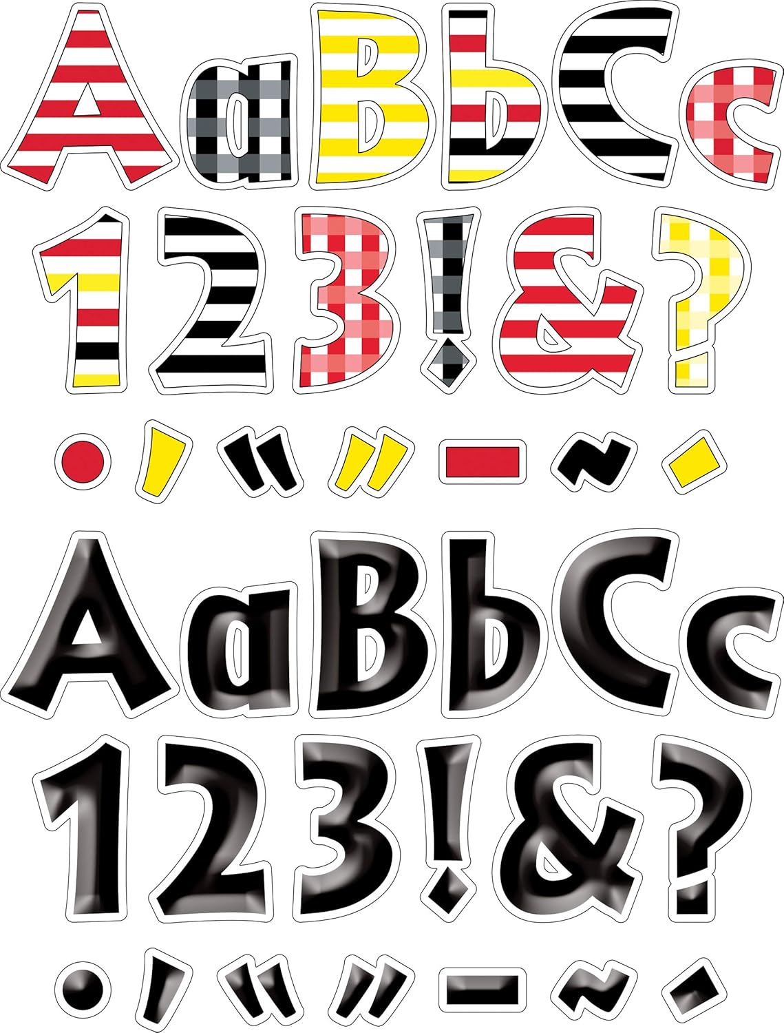 Barker Creek Letter Pop-Out Set of 2, 4" Stripes & Solids, Mixed-Design, 255 Upper and Lowercase Letters, Numbers & Punctuation Marks in Each of 2 Designs, 510 Characters Total (4141)