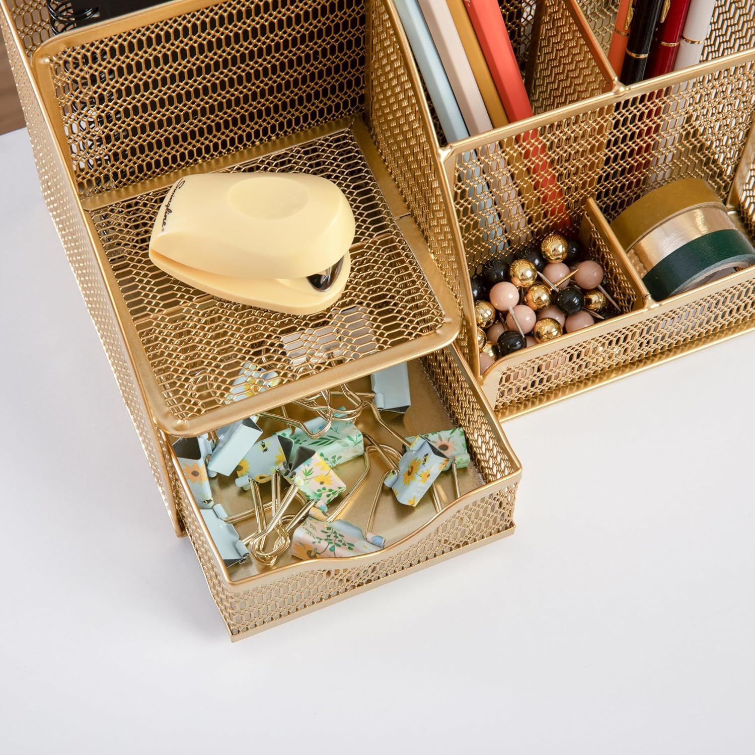 Martha Stewart Ryder Mesh Metal Small Desktop Organizer With Pen Holder And Drawer, 5inH x 8-3/4inW x 5-1/2inD, Gold