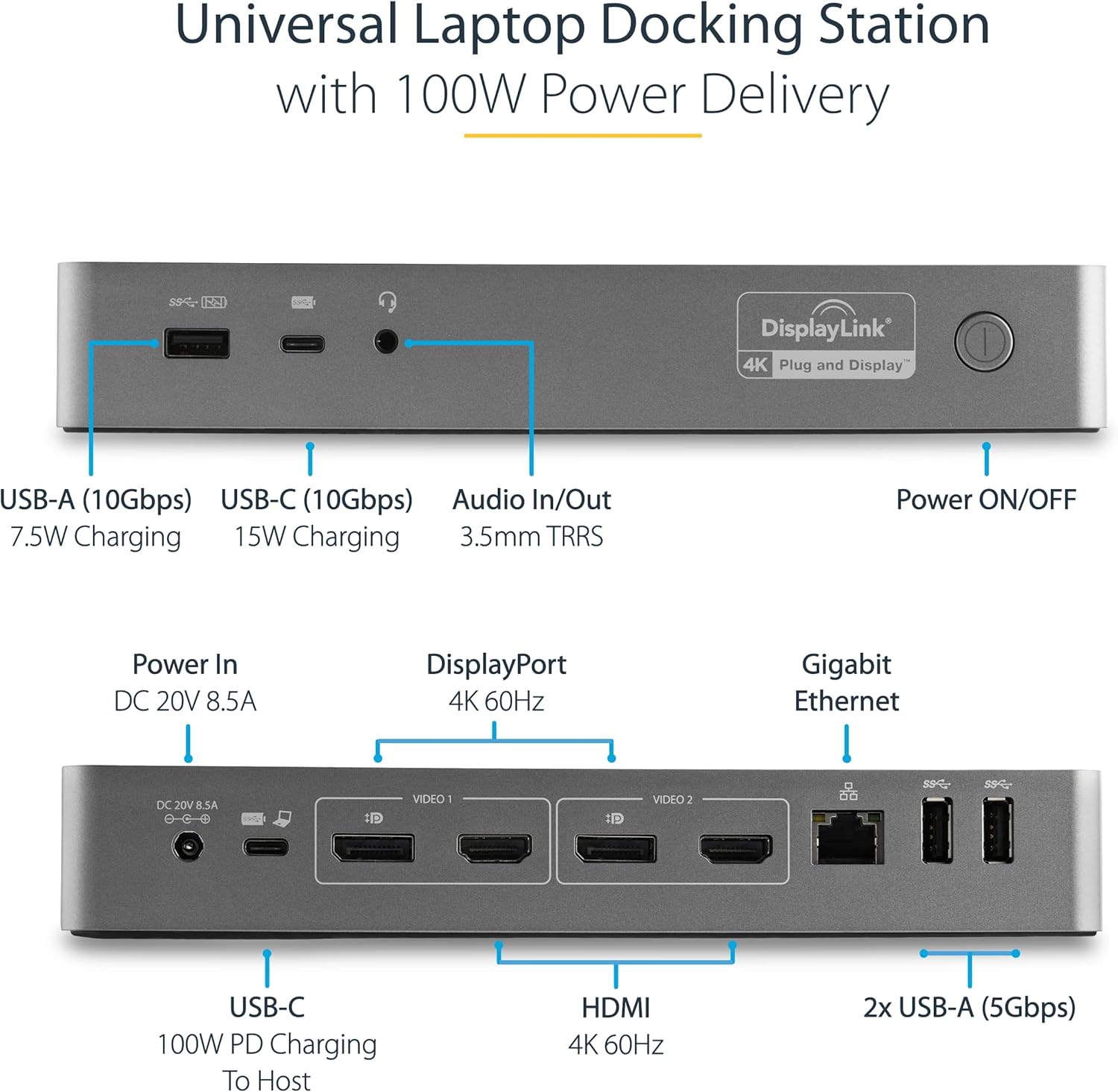 StarTech.com Universal Laptop Docking Station, Hybrid USB-C/USB-A Dock, Dual 4K DP/HDMI, 100W PD, Mac/Windows/Chrome OS, NIC
