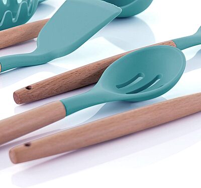 MegaChef 9-Piece Silicone and Wood Utensil Set with Ceramic Holder