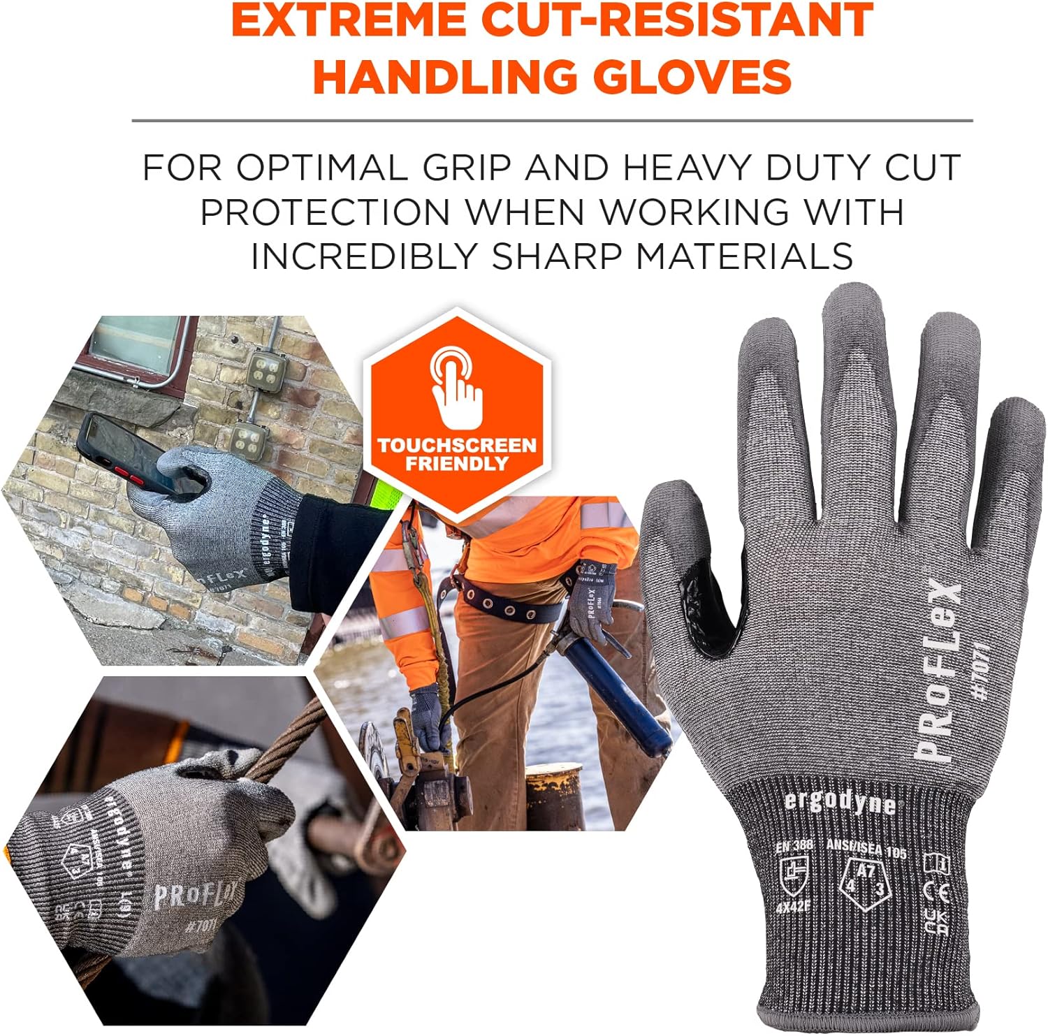 Ergodyne ProFlex 7071 Cut Resistant Work Gloves, ANSI A7, PU Coated Palms for Flexible No Slip Grip