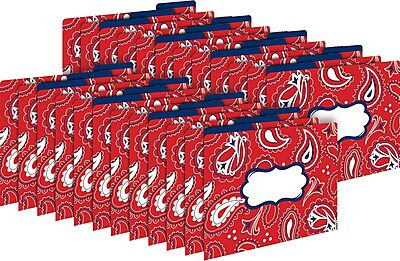 Barker Creek Designer File Folder Set of 24, Bandana, Colorful Bandana Pattern on Outside, Solid Navy Blue on Inside, 24 Decorative Letter-Sized File Folders in Set (3943)