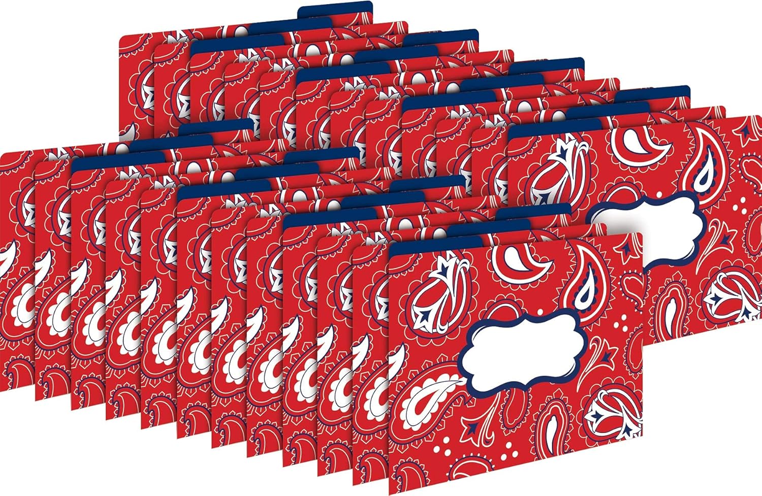 Barker Creek Designer File Folder Set of 24, Bandana, Colorful Bandana Pattern on Outside, Solid Navy Blue on Inside