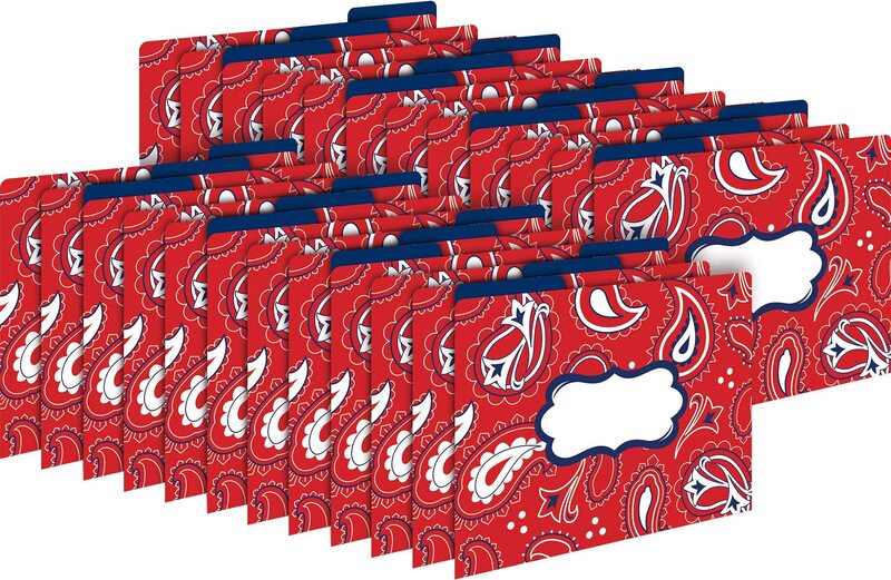 Barker Creek Designer File Folder Set of 24, Bandana, Colorful Bandana Pattern on Outside, Solid Navy Blue on Inside, 24 Decorative Letter-Sized File Folders in Set (3943)