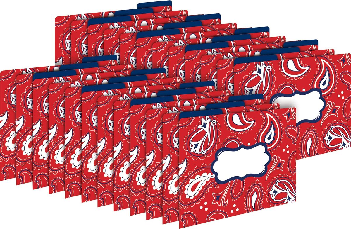 Barker Creek Designer File Folder Set of 24, Bandana, Colorful Bandana Pattern on Outside, Solid Navy Blue on Inside, 24 Decorative Letter-Sized File Folders in Set (3943)