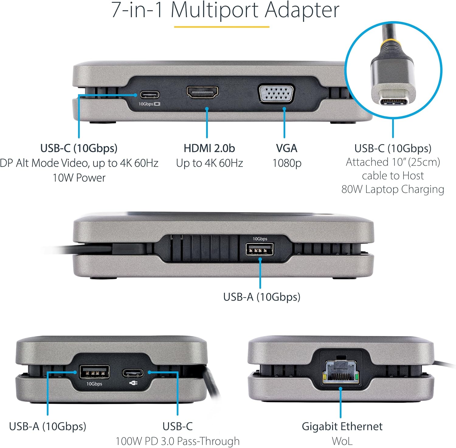StarTech.com USB-C Docking Station Multiport Adapter with 4K60, 10Gbps USB Hub, 100W PD, Gigabit Ethernet