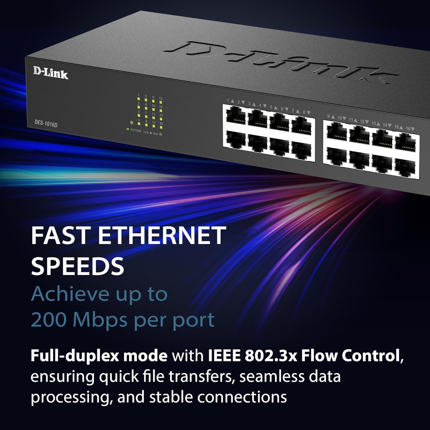 D-Link 16 Port Fast Ethernet Switch Unmanaged 10/100 Mbps Desktop Rackmount Plug and Play Metal Housing Fanless Design EEE