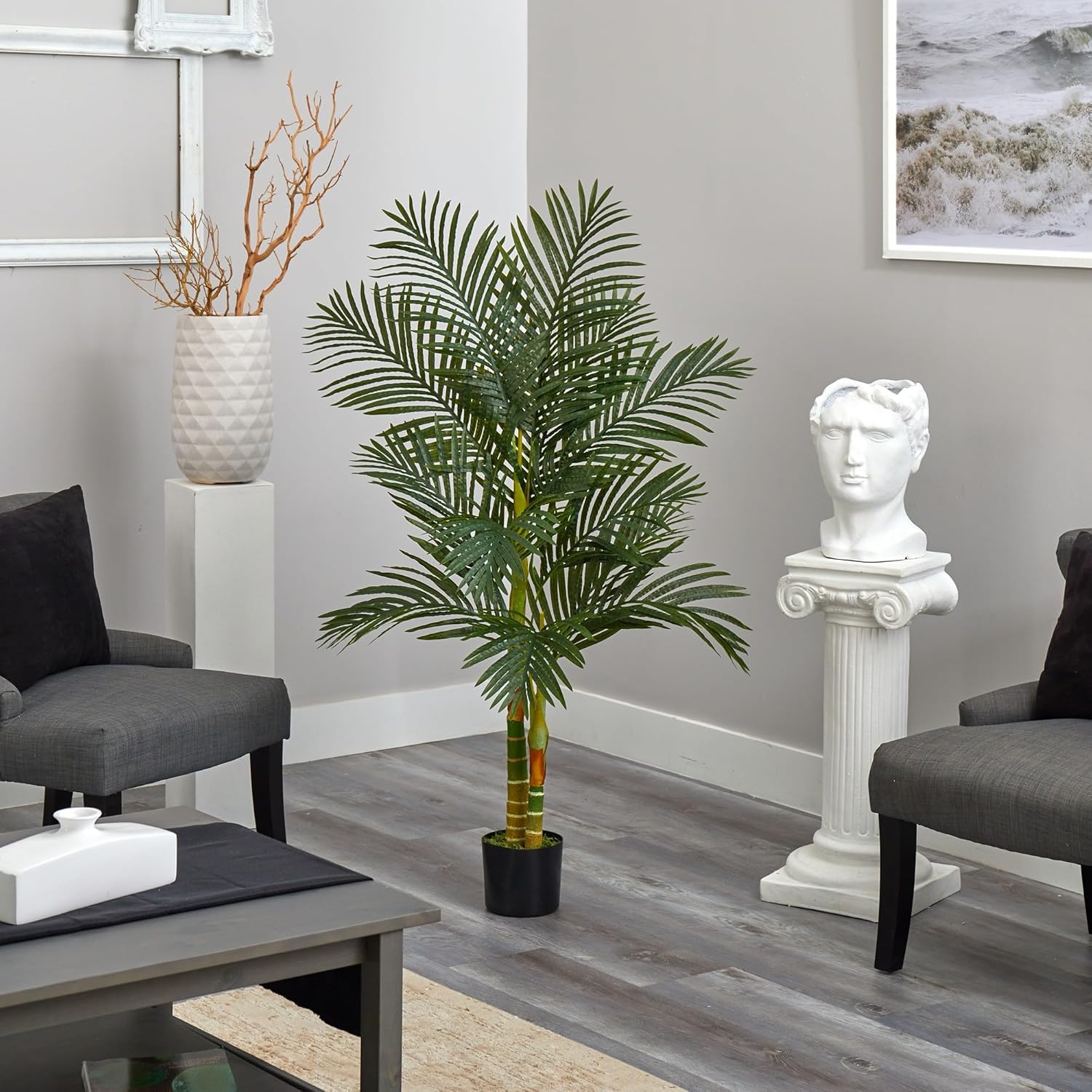 Nearly Natural Golden Cane Palm 60inH Artificial Plant With Planter, 60inH x 24inW x 24inD, Green/Black