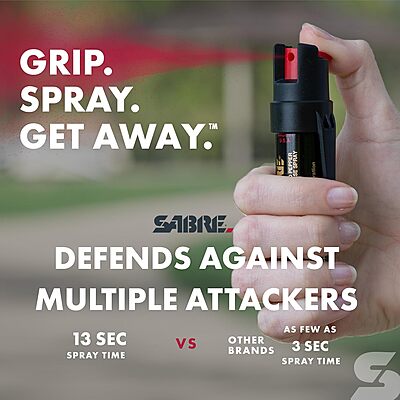 SABRE RED Compact Pepper Spray, Max Police Strength OC Spray with UV Dye, Compact Belt Clip For Easy Carry & Fast Access