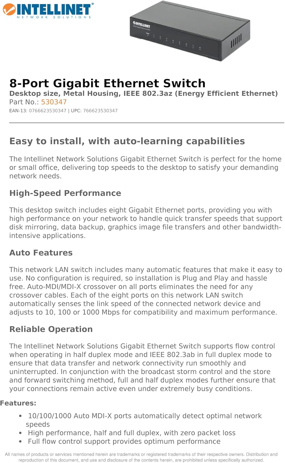 Intellinet 8-Port Gigabit Ethernet Network Switch - Ethernet Splitter - Unmanaged | Plug & Plug | Fanless Metal Housing