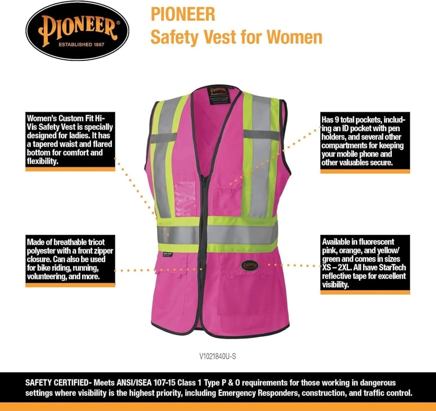 Pioneer Safety Vest for Women With Pockets - Hi-Vis Reflective Tape