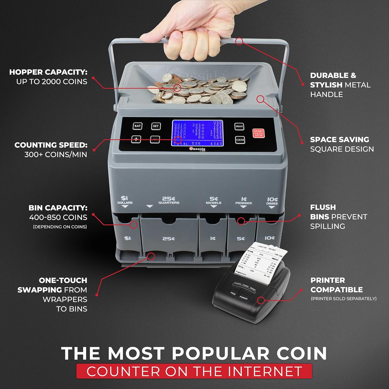 Cassida C300 Professional USD Coin Counter, Sorter and Wrapper/Roller, 300 coins/min, with Quickload and Printing-Compatible