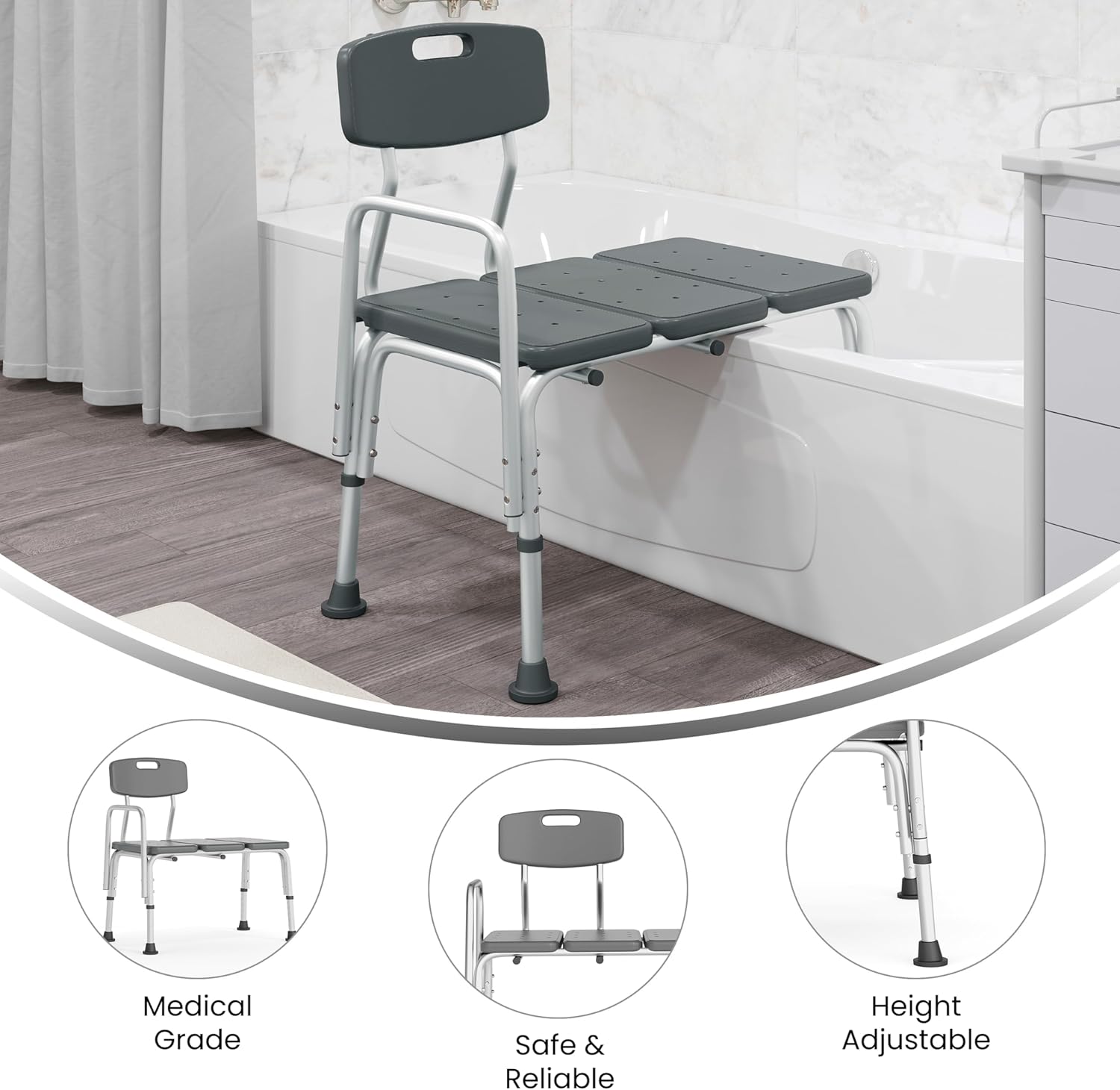 Flash Furniture HERCULES Series 300 Lb. Capacity Adjustable Bath & Shower Transfer Bench with Back and Side Arm