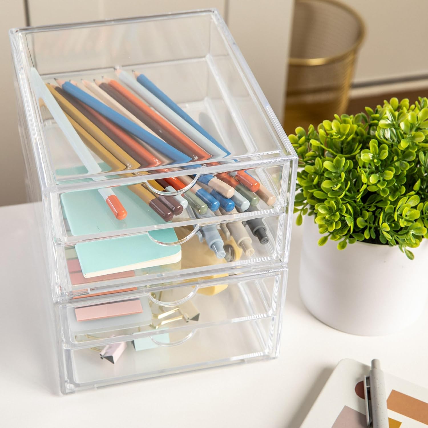 Martha Stewart Brody Desk Organizer with Drawers, Stackable Plastic Storage Box