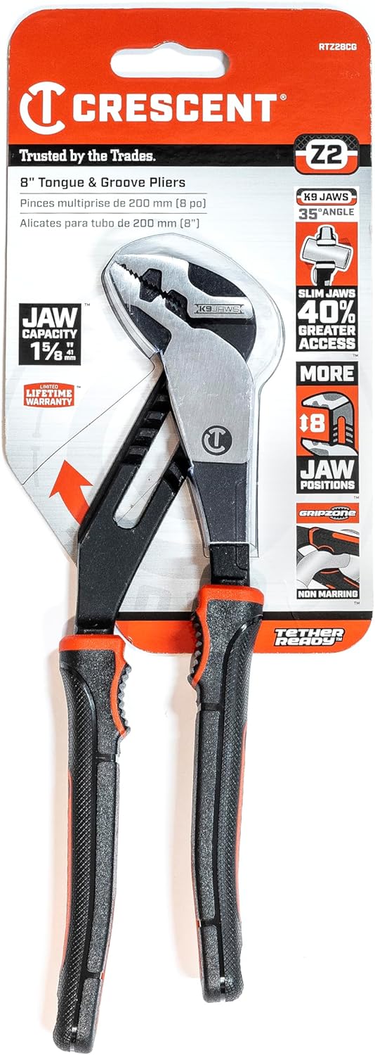 CRESCENT - Plier, 8", Straight Jaw, T&G, Cushion Grip (RTZ28CG)