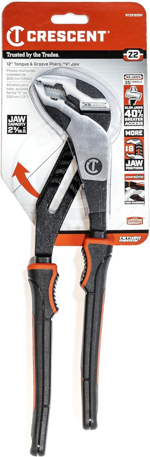 Crescent Z2 K9 V-Jaw Dual Material Tongue & Groove Pliers - Home Improvement, Mechanic - 12" - RTZ212CGV