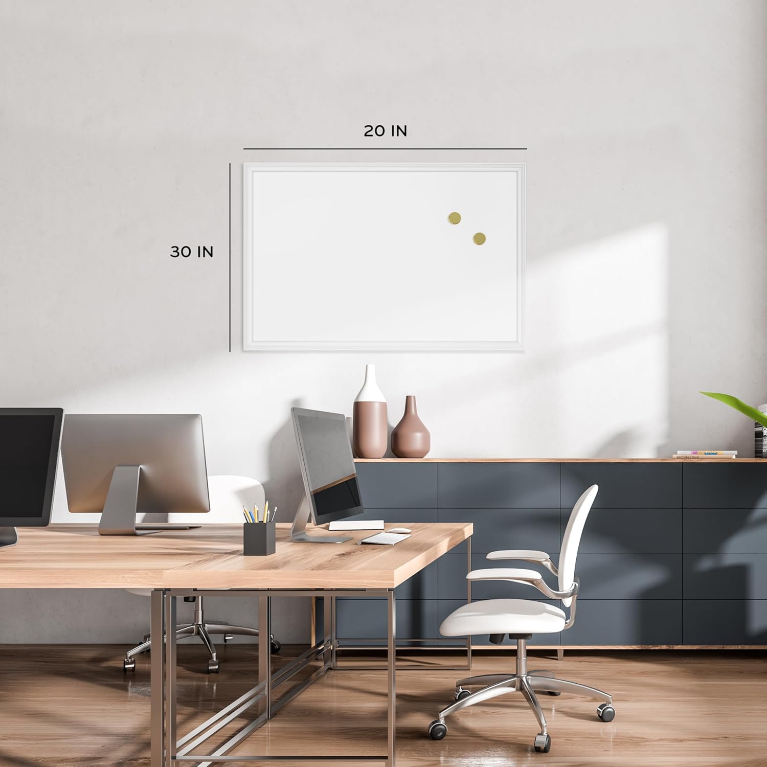 U Brands Farmhouse Magnetic Dry Erase Board, 30"x20", White Wood Style Frame, Includes 2 Magnets 30"W x 20"H