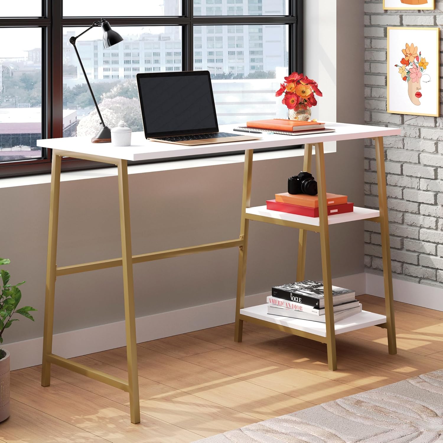 Sauder North Avenue 42inW Modern Desk with Open Shelves, White Finish