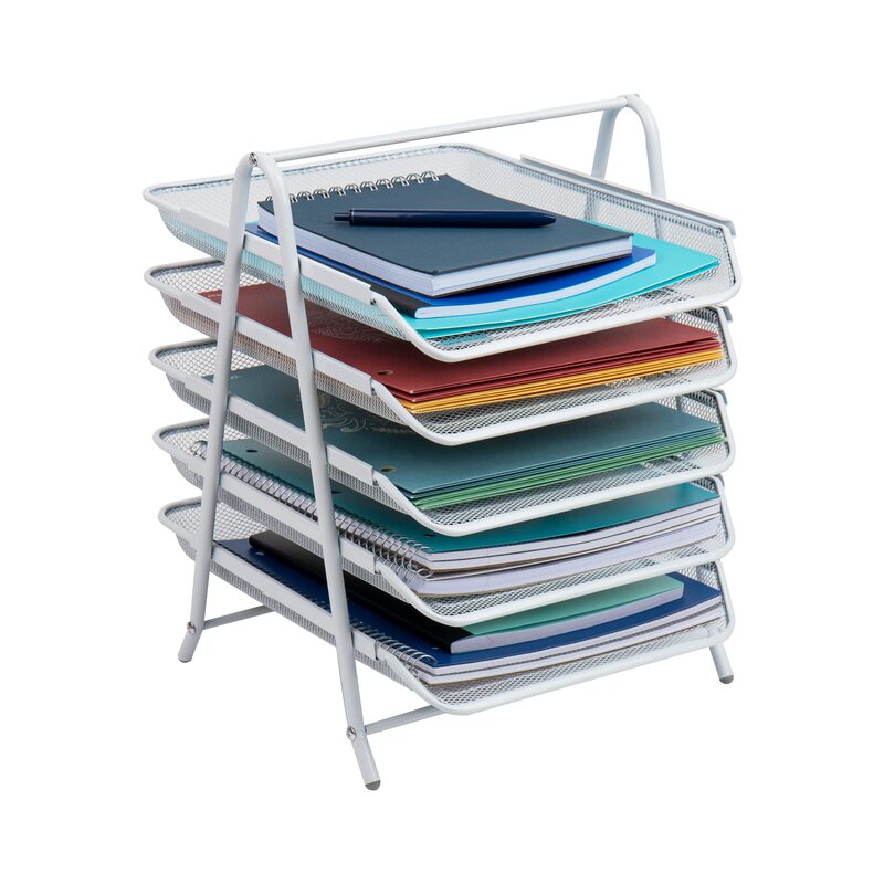 Mind Reader 5-Tier Paper Tray, Desktop Organizer, File Storage, Office, Metal Mesh, 11.75" L x 14" W x 14.5" H, White