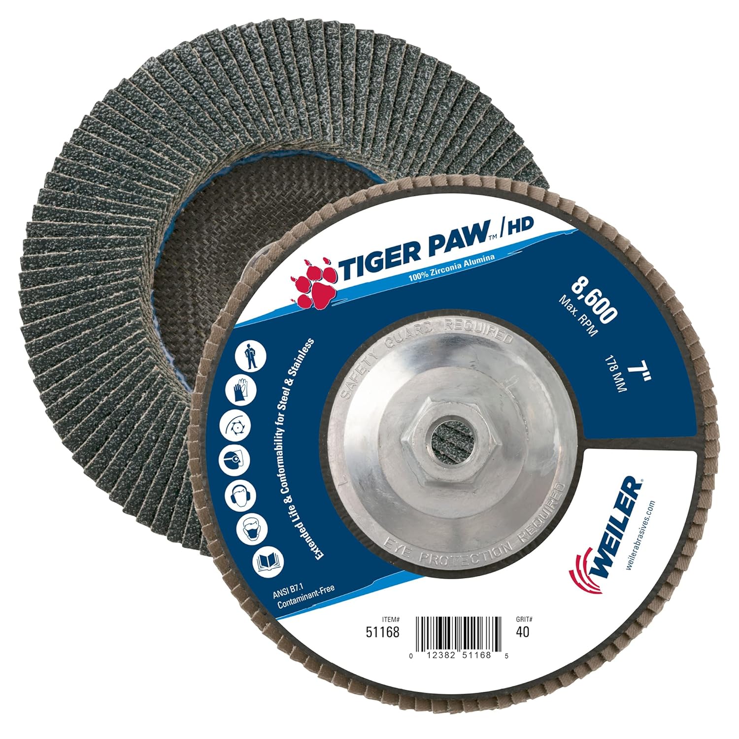 Weiler 51168 Tiger Paw XHD Super High Density Abrasive Flap Disc, Type 27 Flat Style, Phenolic Backing, Zirconia Alumina