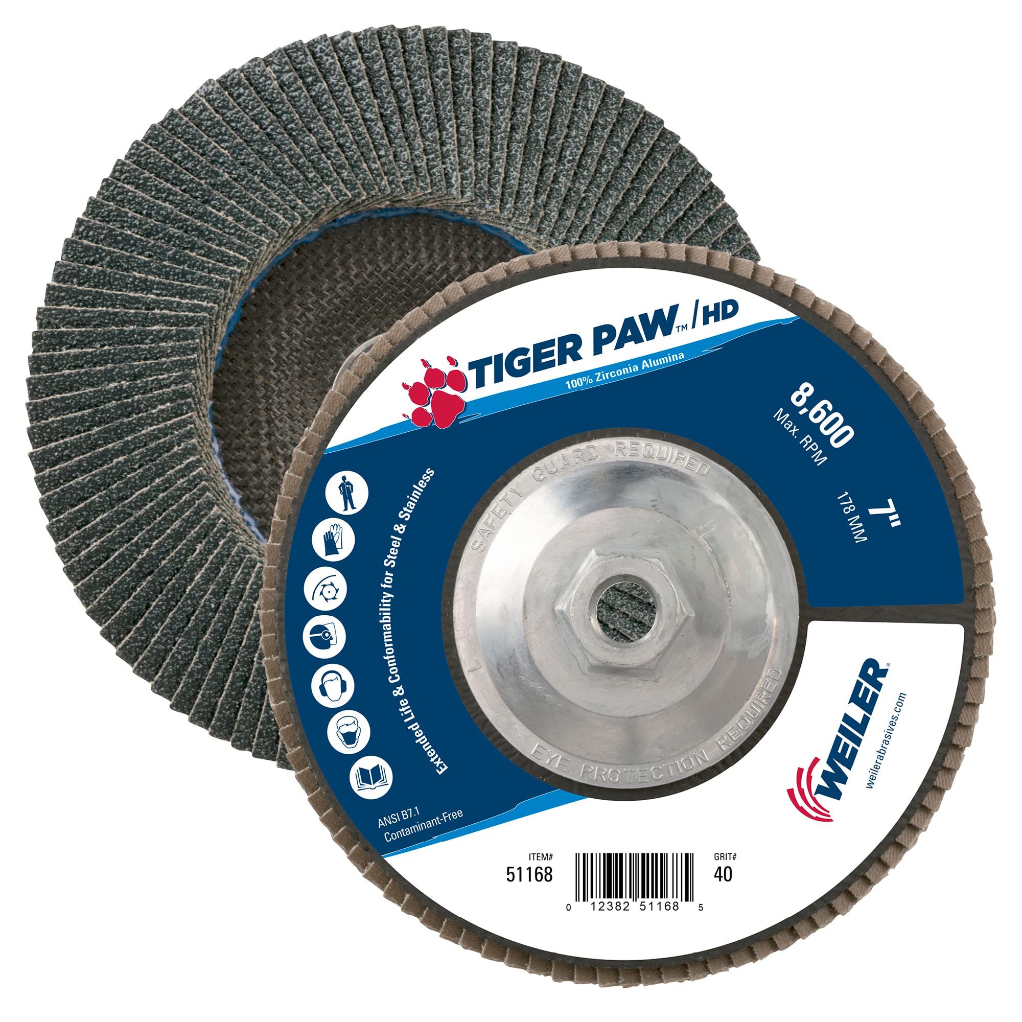 Weiler 51168 Tiger Paw XHD Super High Density Abrasive Flap Disc, Type 27 Flat Style, Phenolic Backing, Zirconia Alumina
