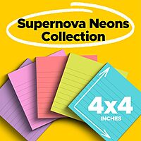 Post-it Super Sticky Notes, 4x4 in, 6 Pads, 2X The Sticking Power, Supernova Neons, Bright Colors